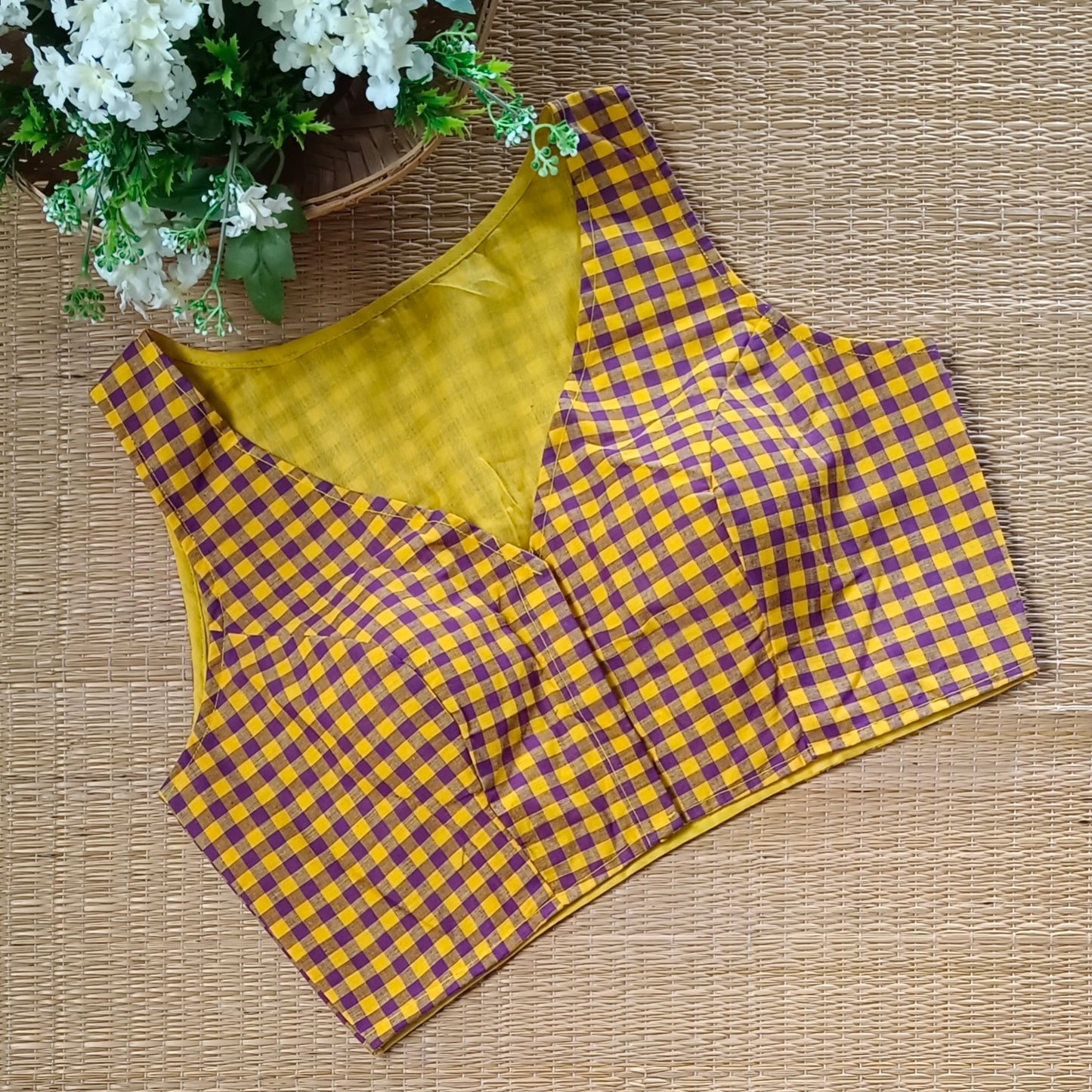 Purple & Yellow Checks Cotton Blouse