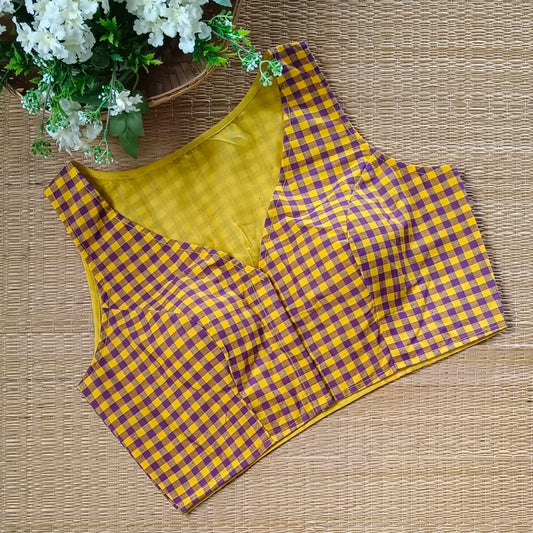 Purple & Yellow Checks Cotton Blouse