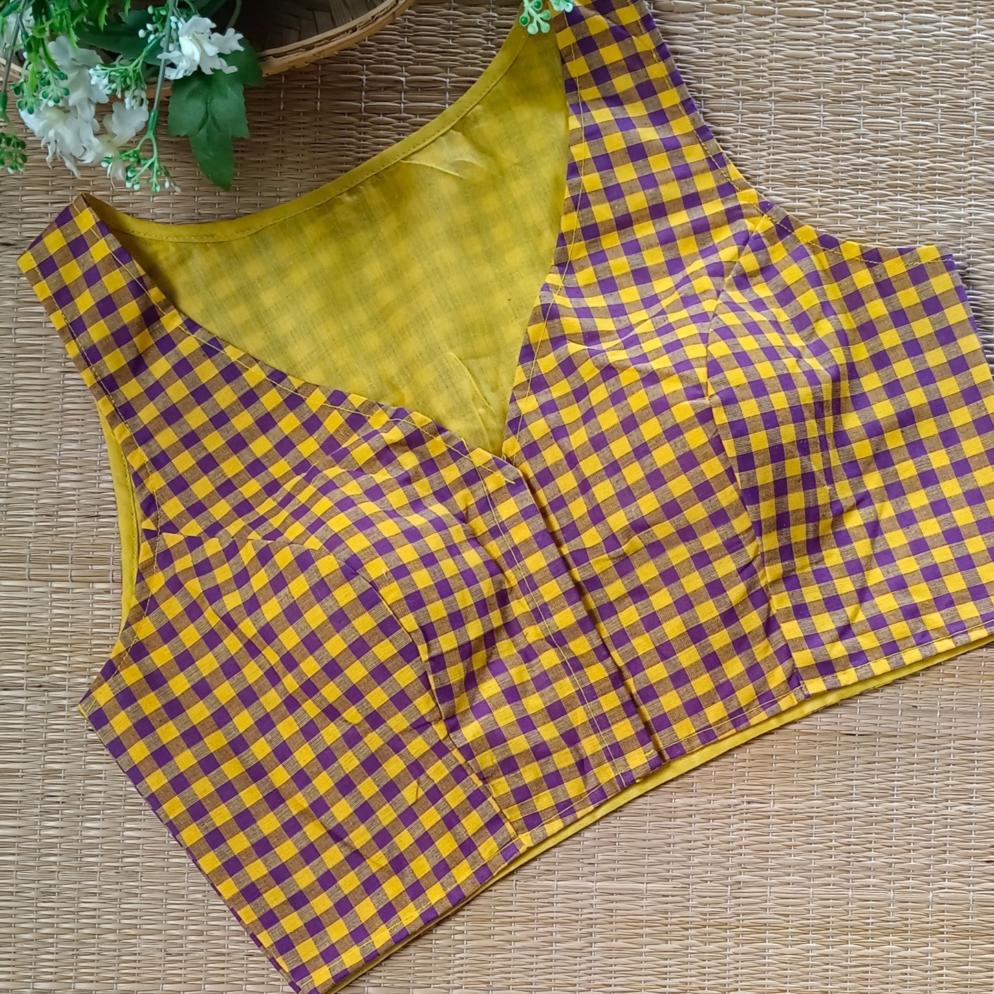 Purple & Yellow Checks Cotton Blouse