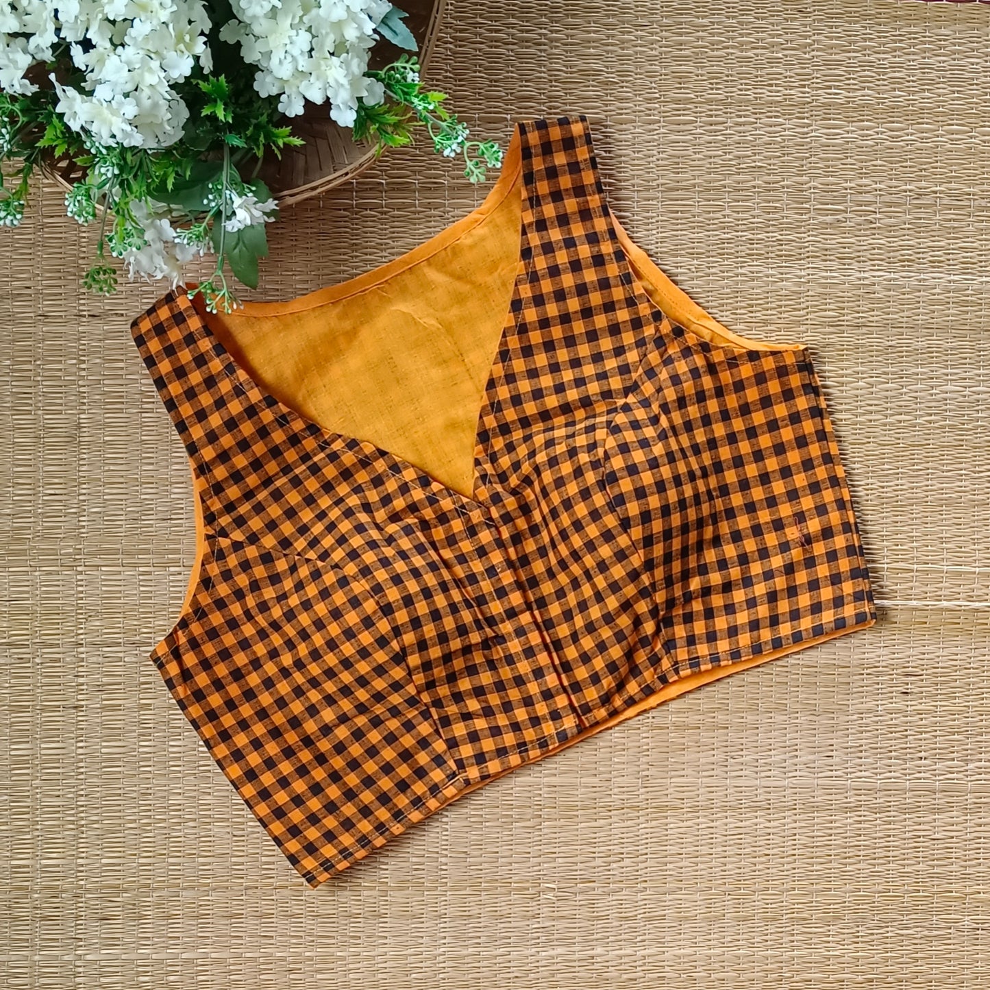 Rustic Orange & Black Checks Cotton Blouse