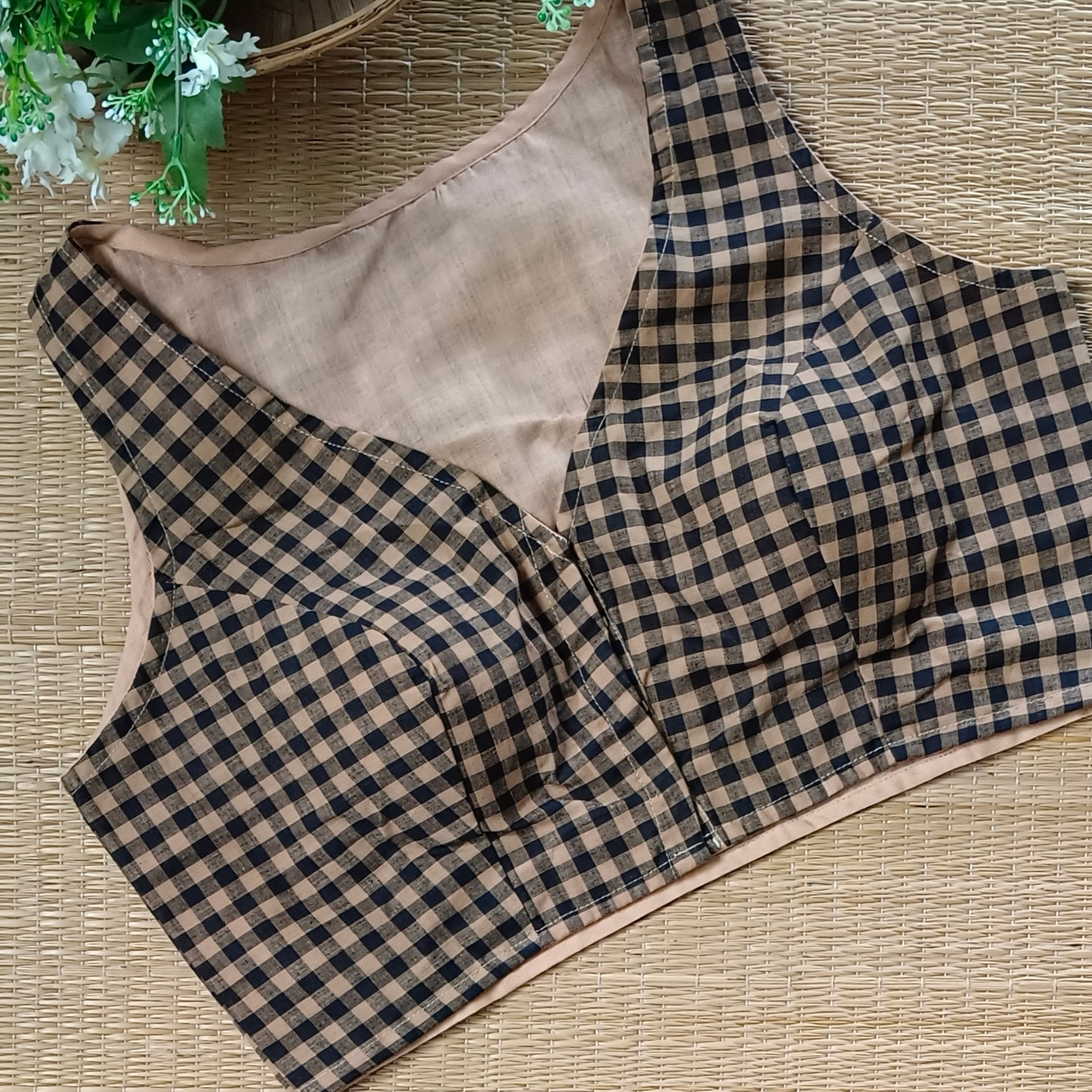 Beige & Black Checks Cotton Blouse
