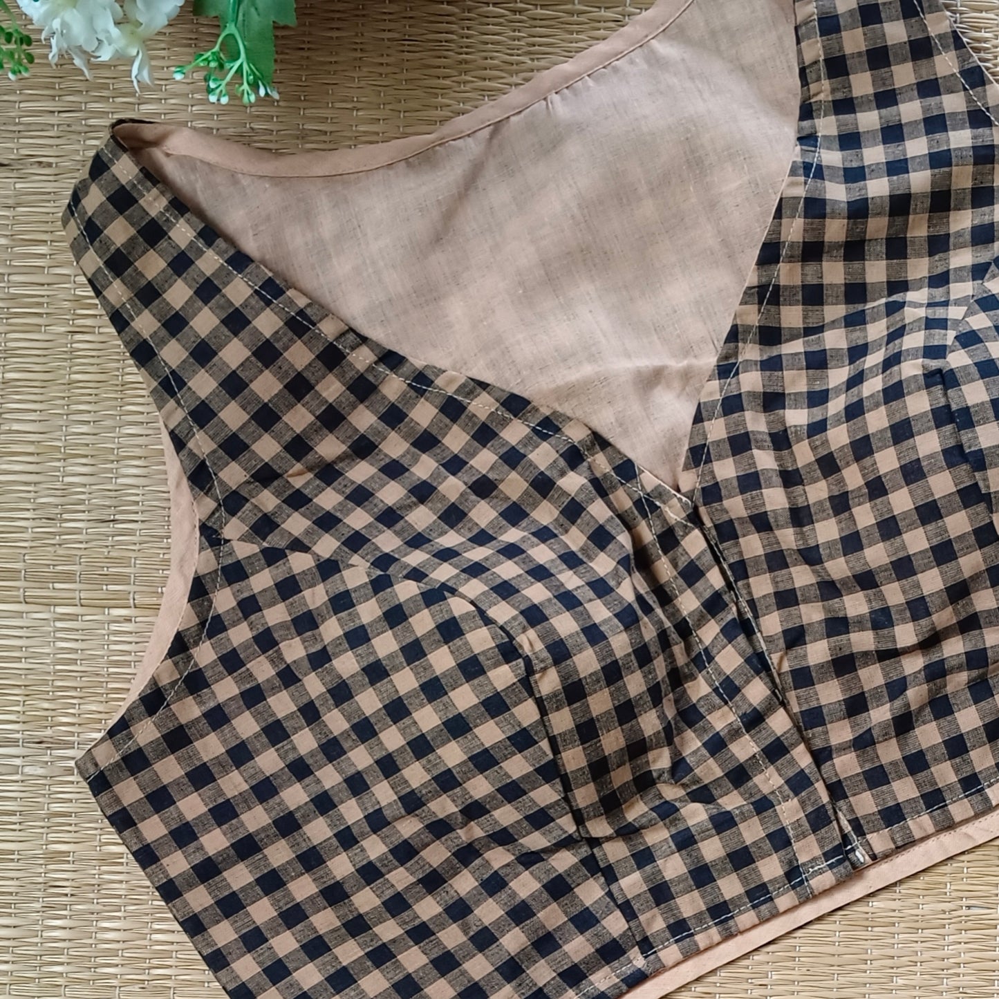 Beige & Black Checks Cotton Blouse