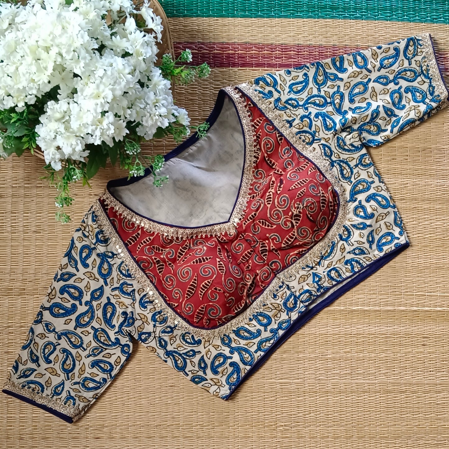 Cream & Maroon Ajrak Cotton Blouse (Assorted)