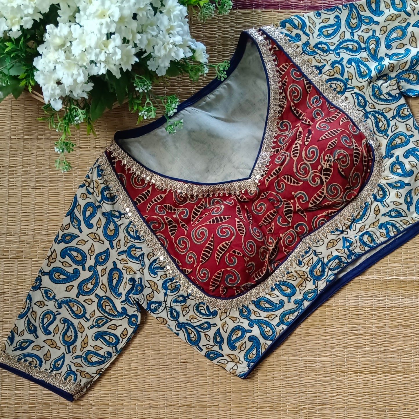 Cream & Maroon Ajrak Cotton Blouse (Assorted)