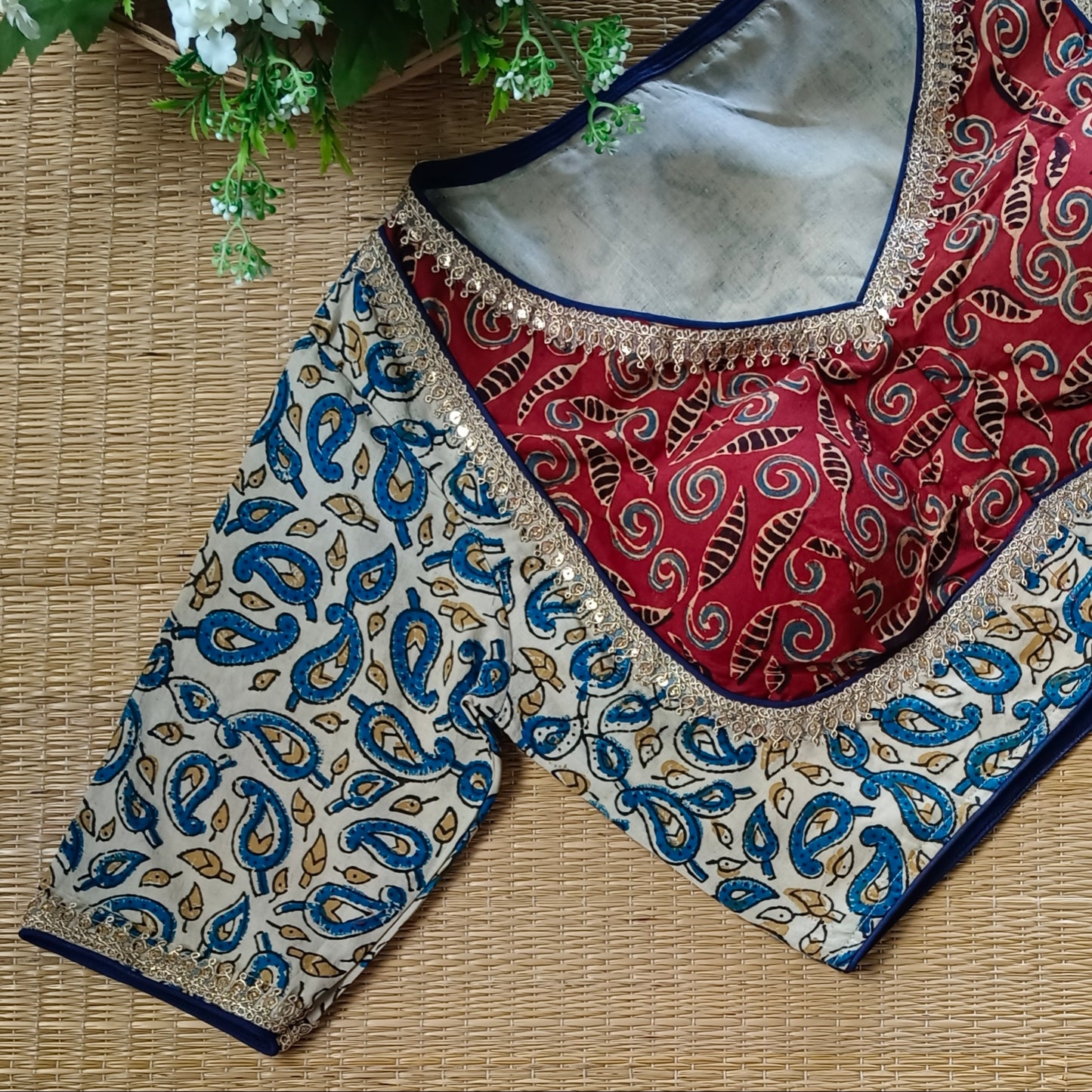 Cream & Maroon Ajrak Cotton Blouse (Assorted)