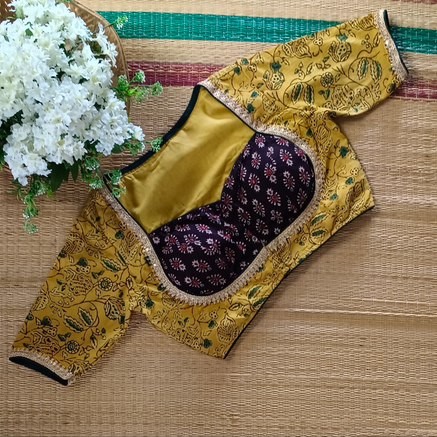 Mustard & Black Ajrak Cotton Blouse (Assorted)