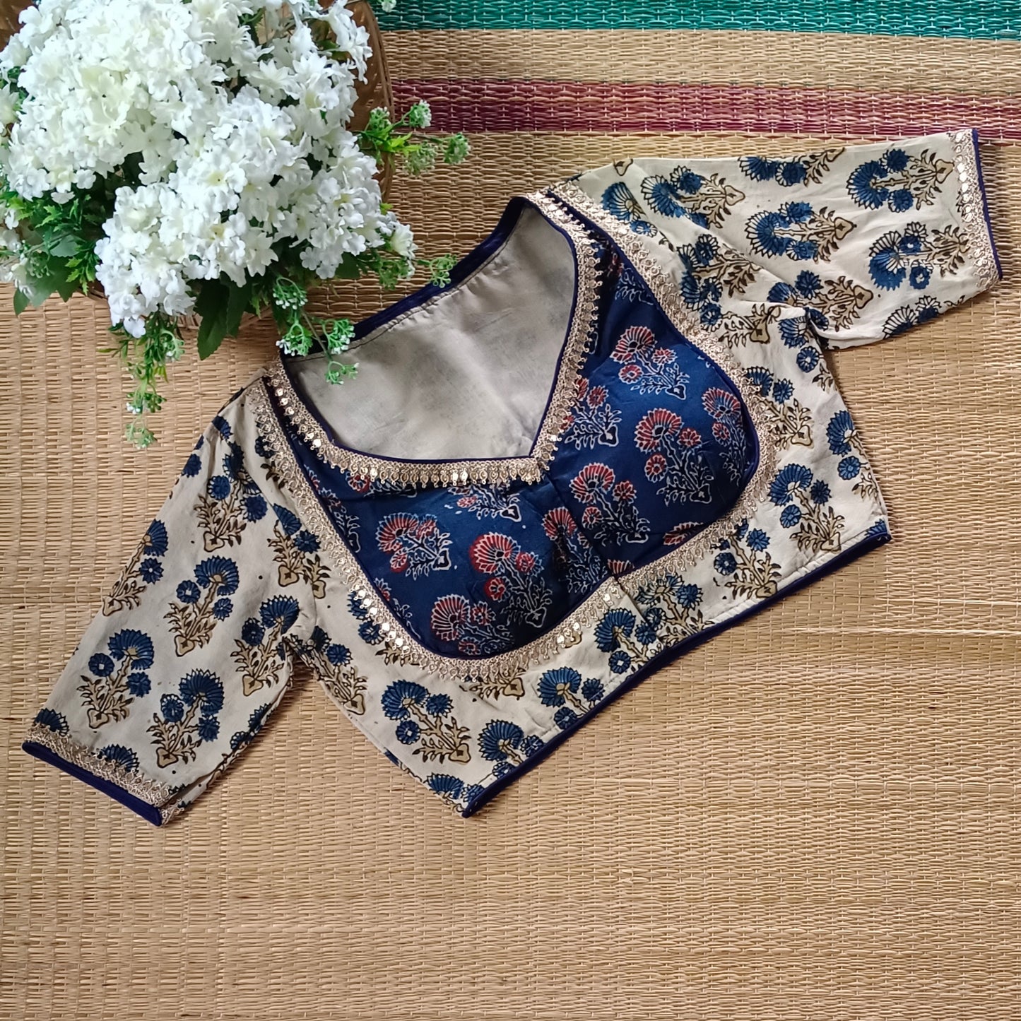 Cream & Blue Ajrak Cotton Blouse (Assorted)