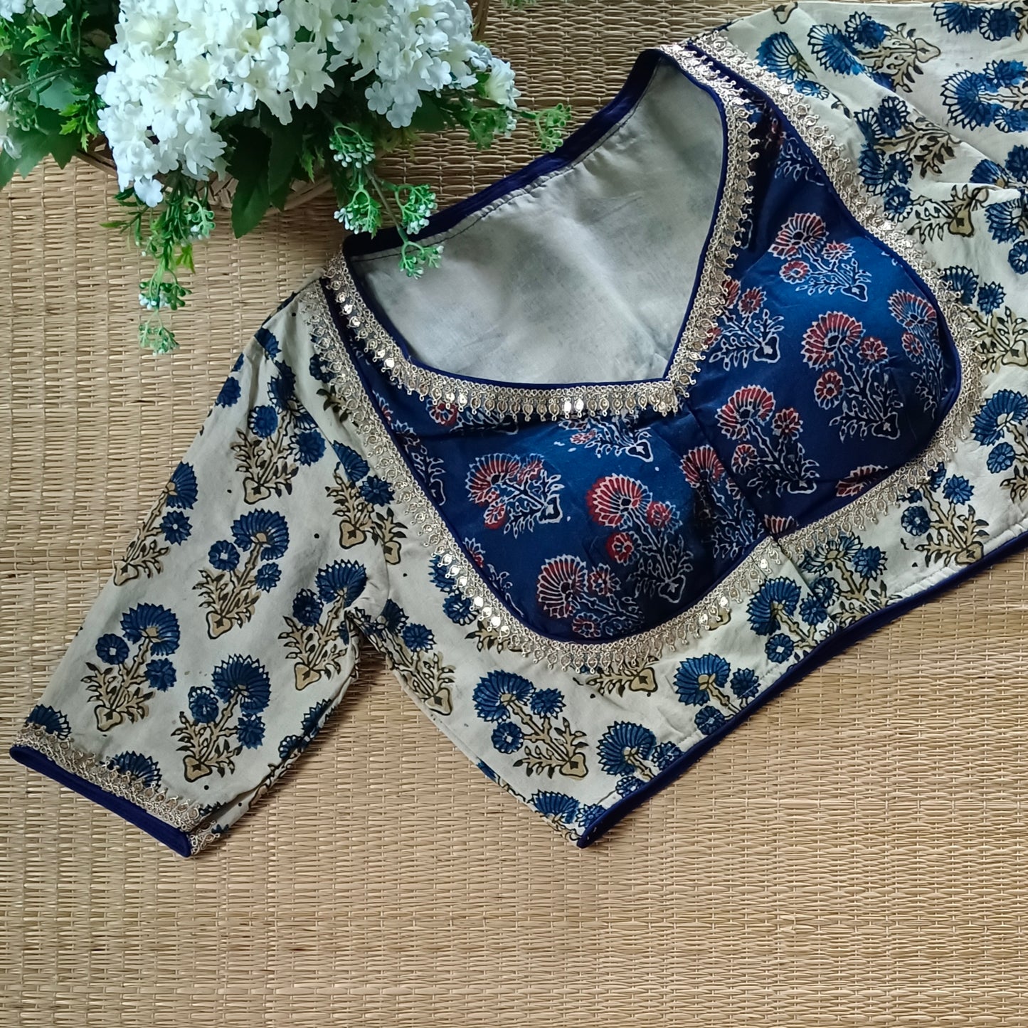 Cream & Blue Ajrak Cotton Blouse (Assorted)