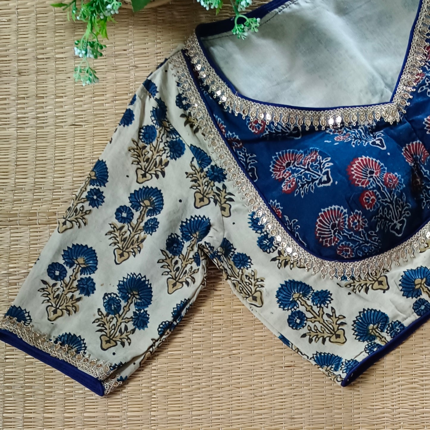 Cream & Blue Ajrak Cotton Blouse (Assorted)
