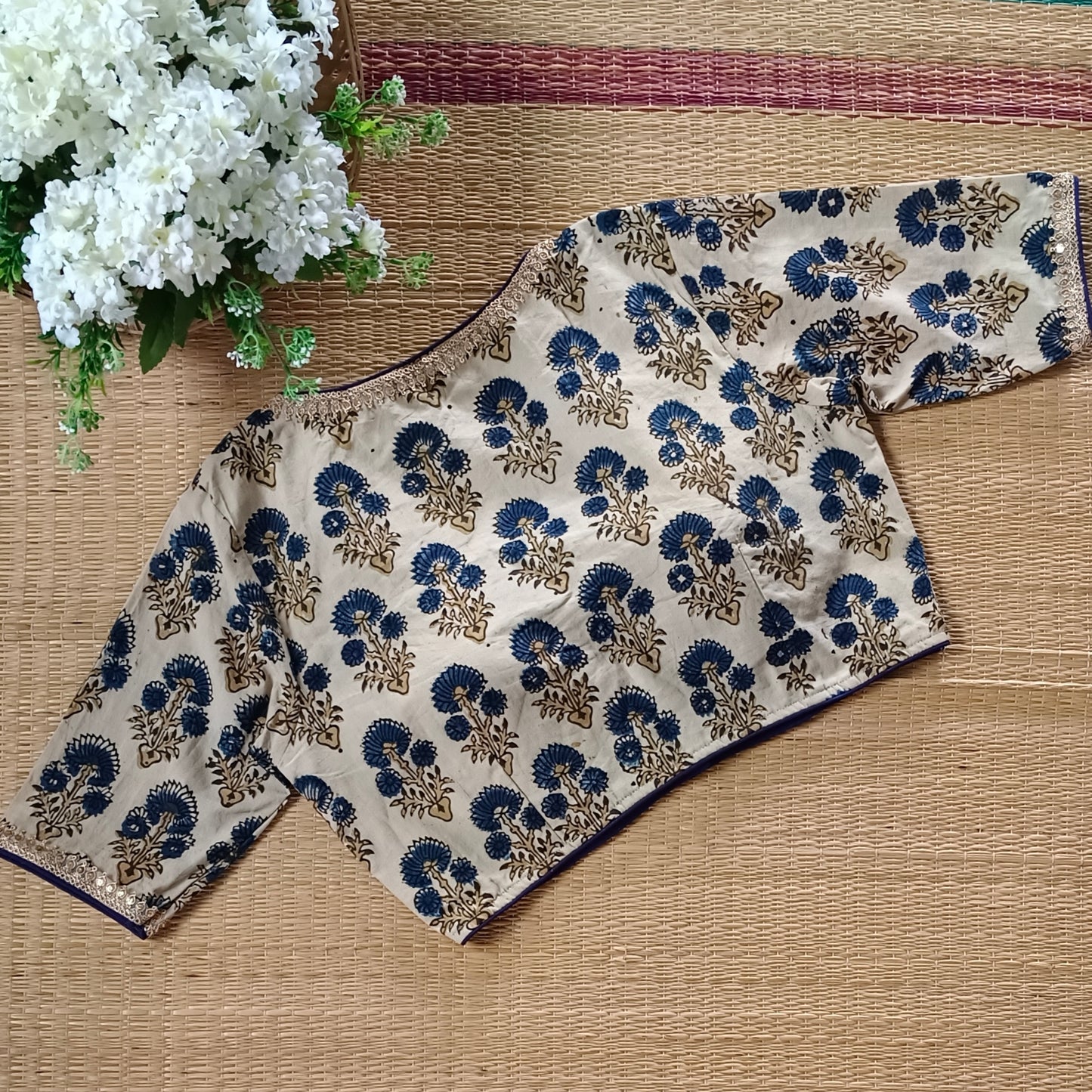 Cream & Blue Ajrak Cotton Blouse (Assorted)