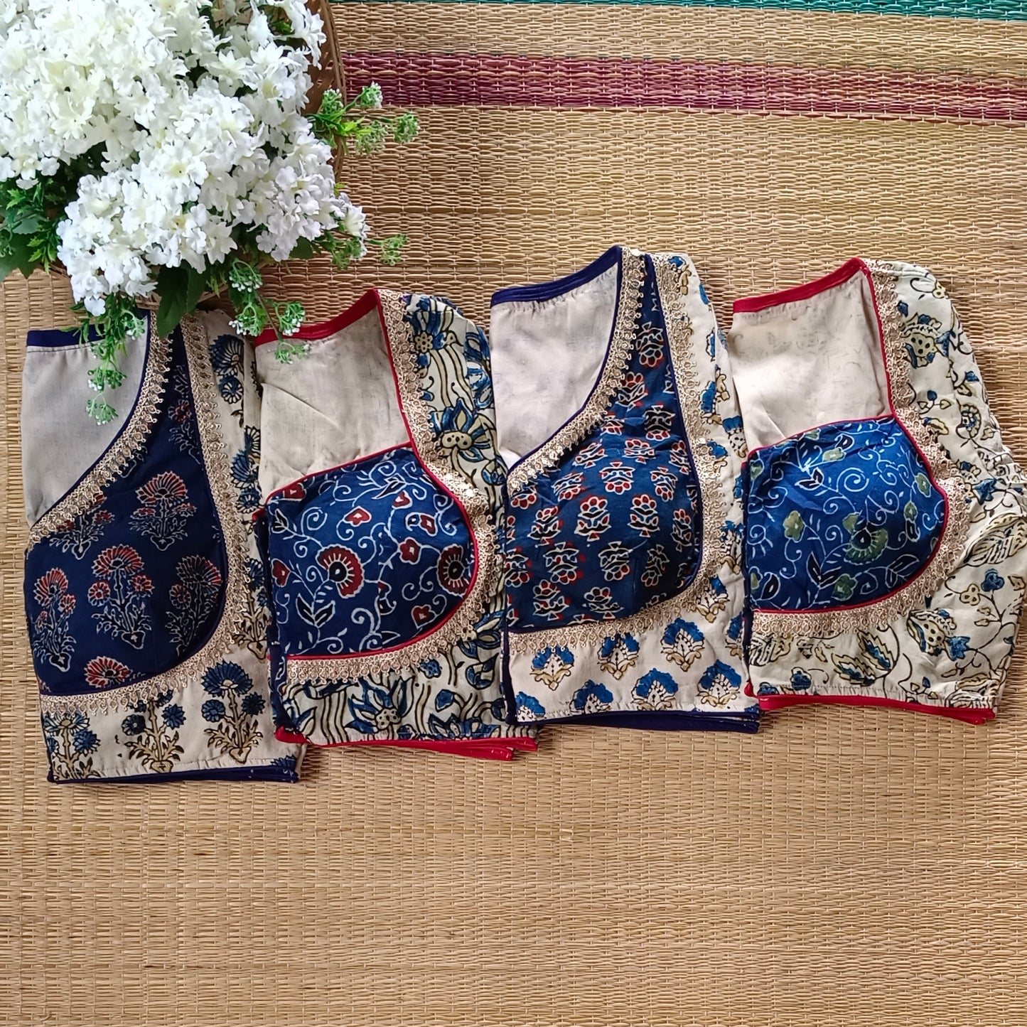 Cream & Blue Ajrak Cotton Blouse (Assorted)