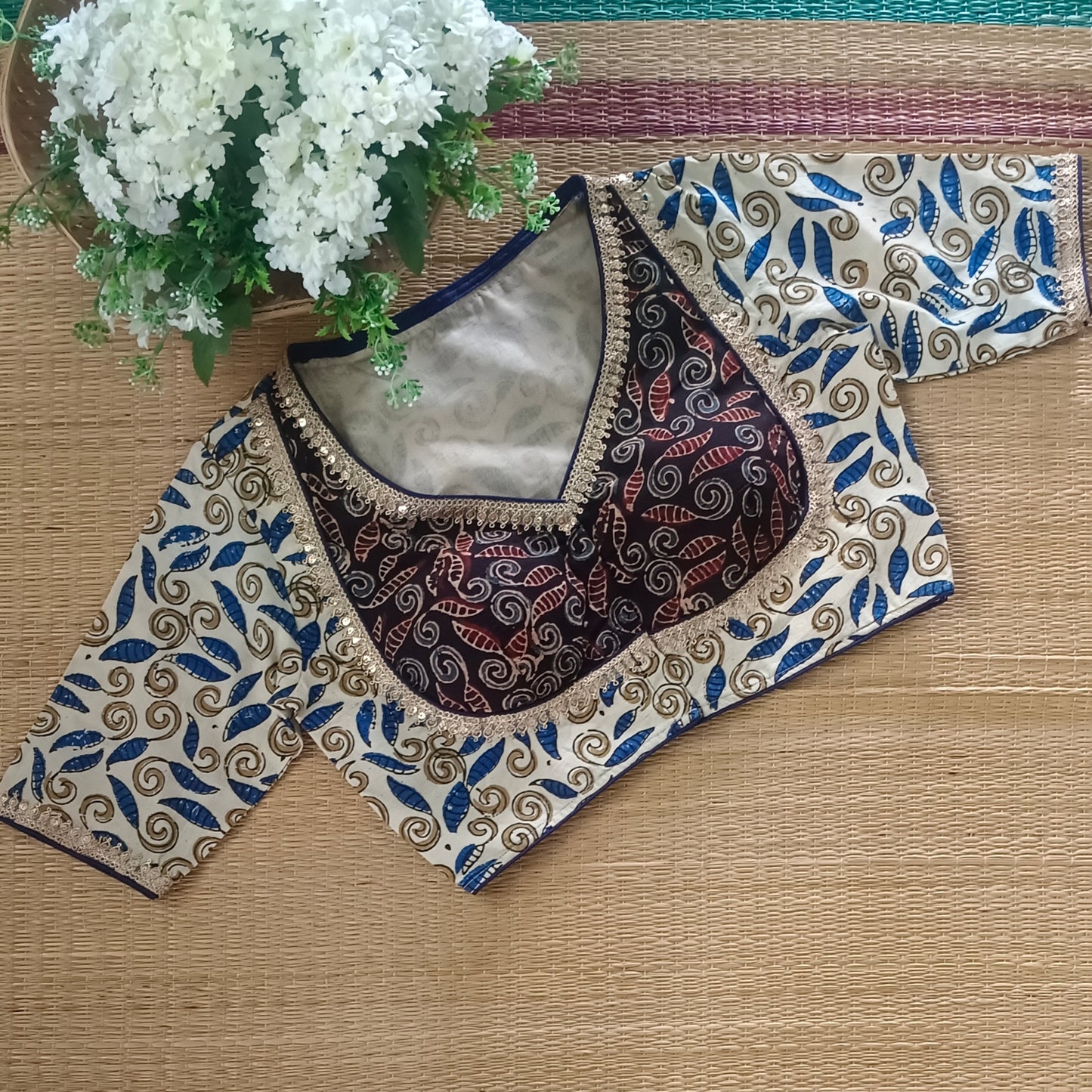 Cream & Black Ajrak Cotton Blouse