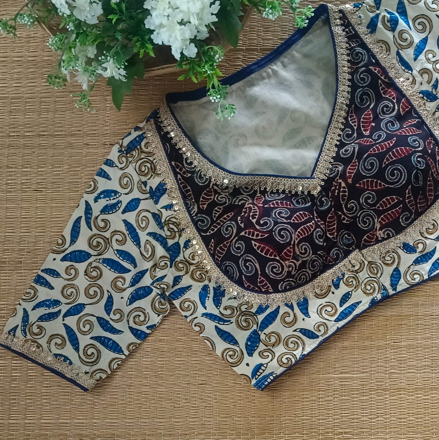 Cream & Black Ajrak Cotton Blouse