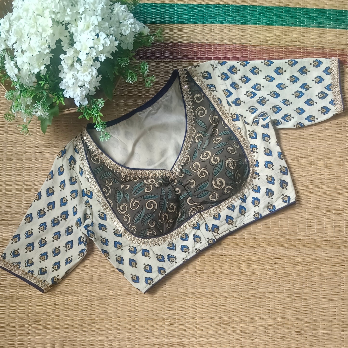 Cream & Grey Ajrak Cotton Blouse