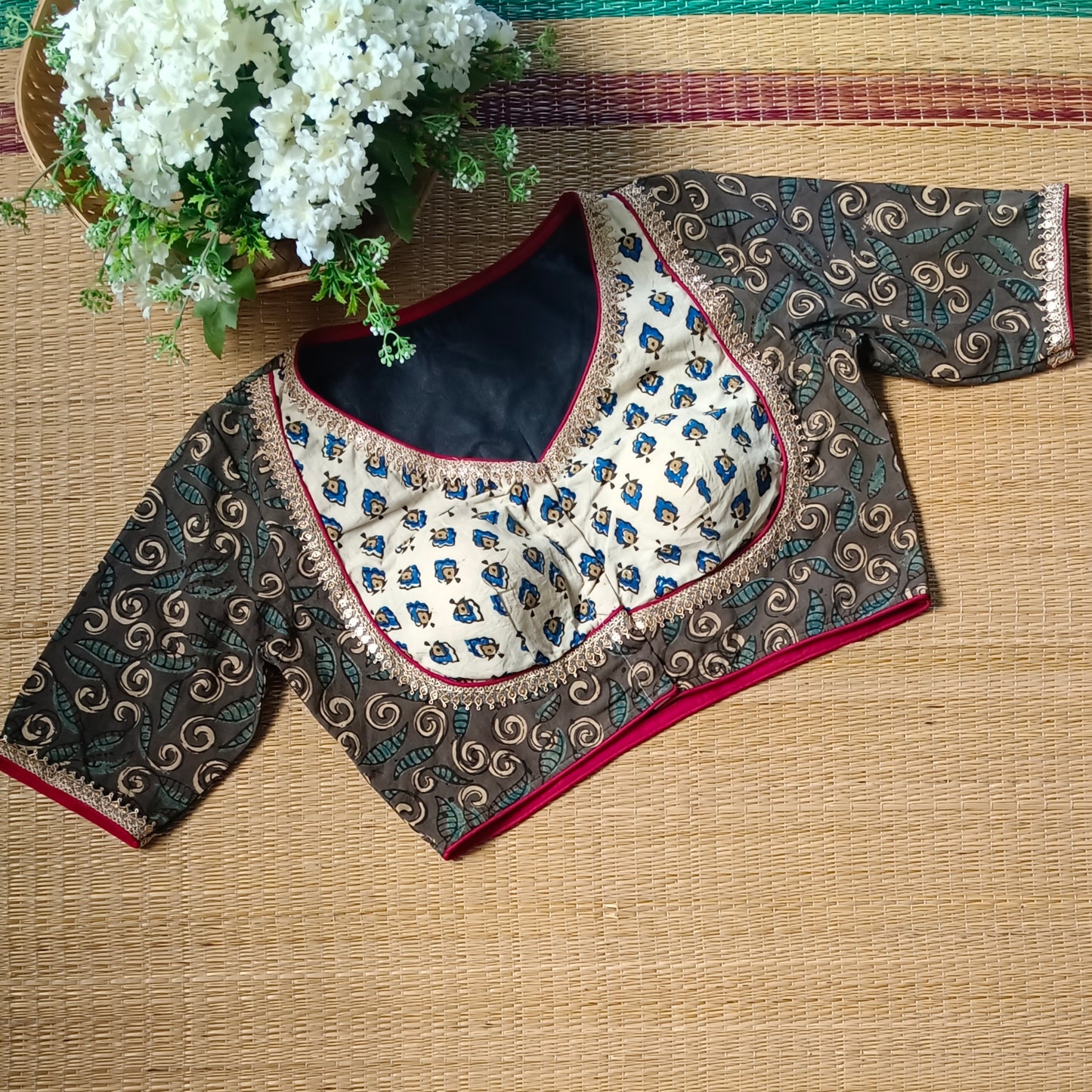 Grey & Cream Ajrak Cotton Blouse