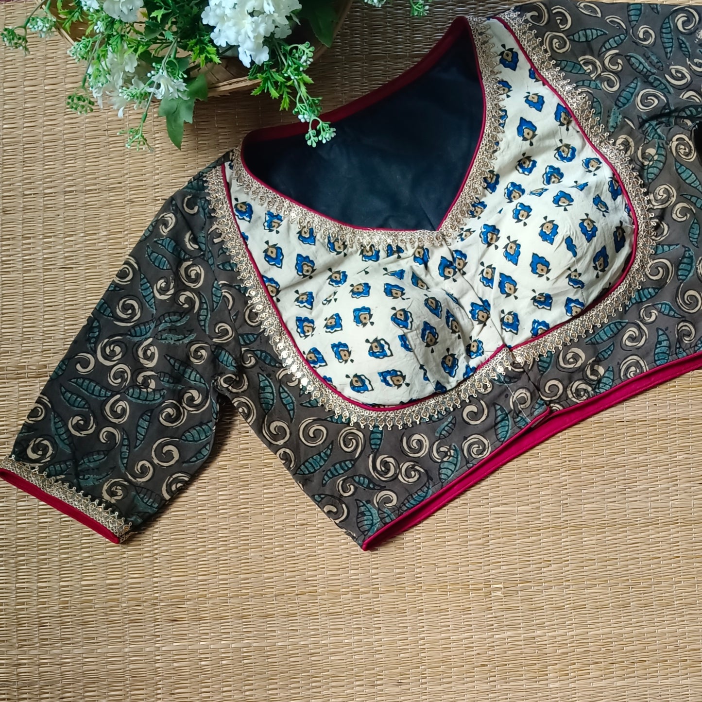 Grey & Cream Ajrak Cotton Blouse