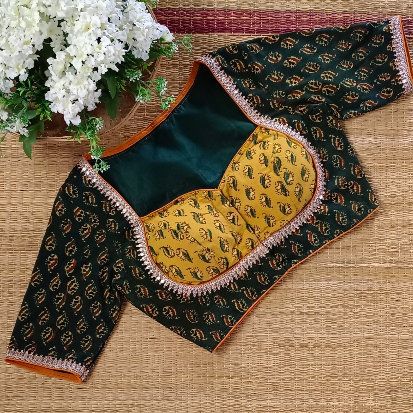Bottle Green & Mustard Ajrak Cotton Blouse