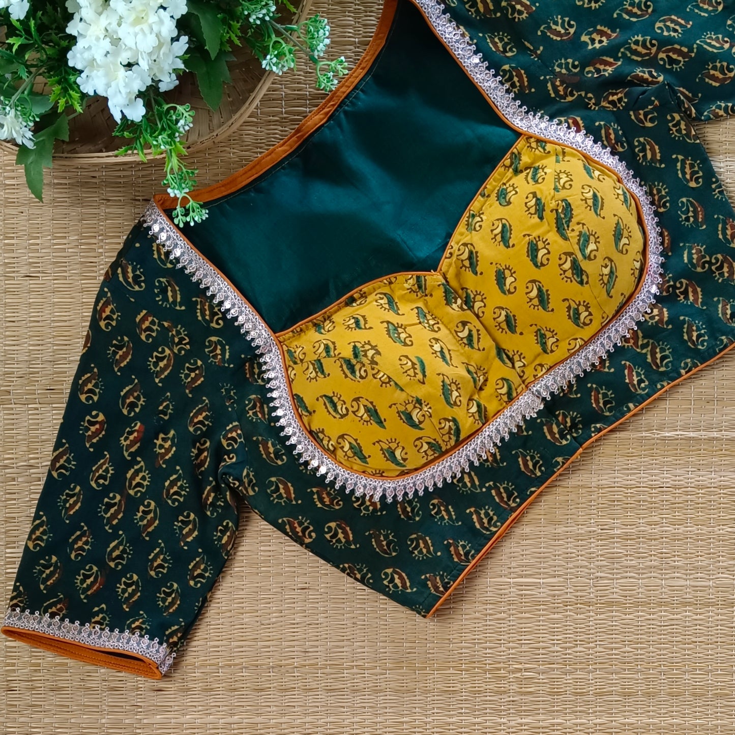 Bottle Green & Mustard Ajrak Cotton Blouse