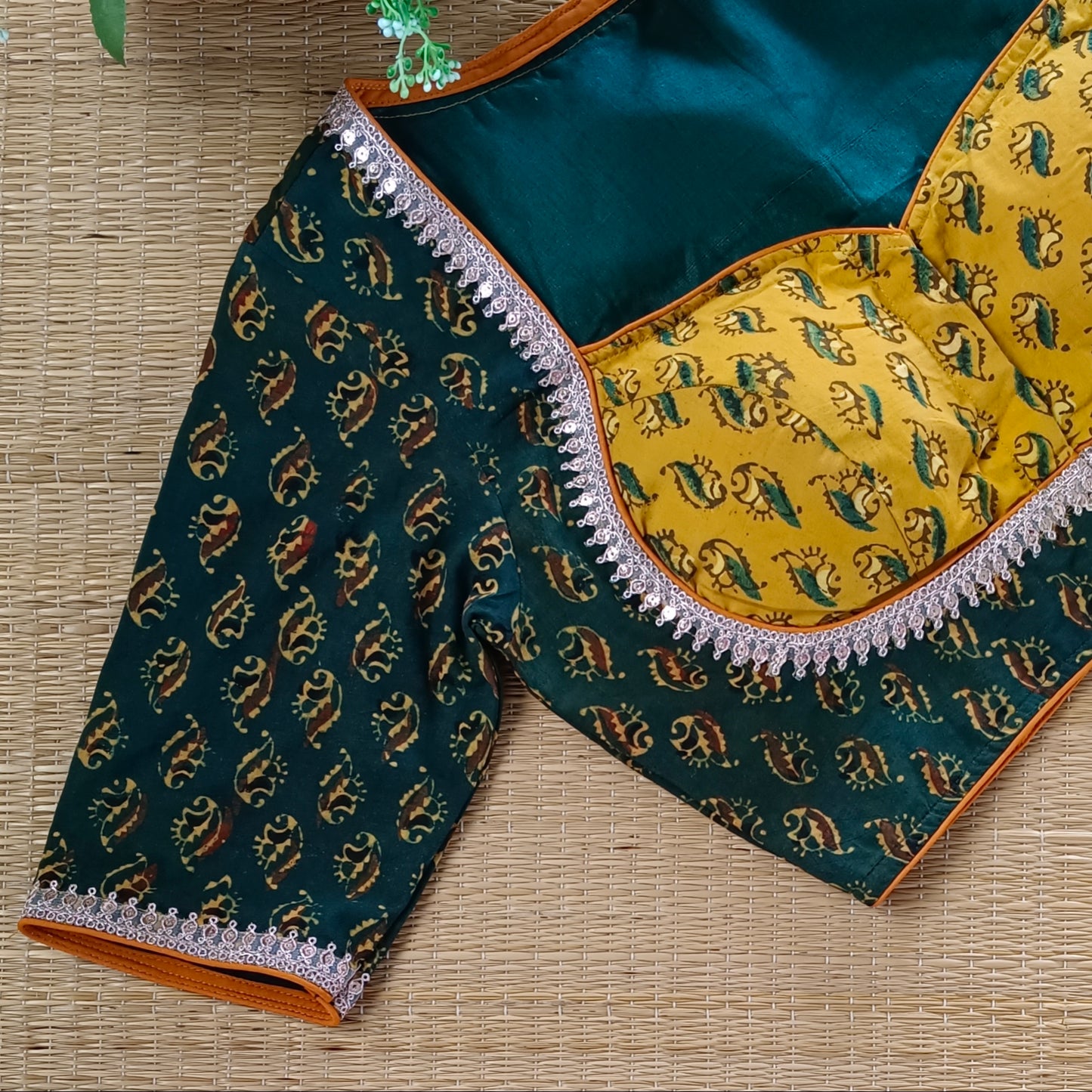 Bottle Green & Mustard Ajrak Cotton Blouse