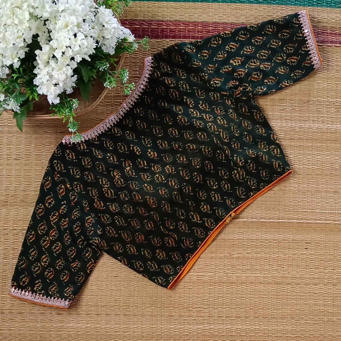 Bottle Green & Mustard Ajrak Cotton Blouse