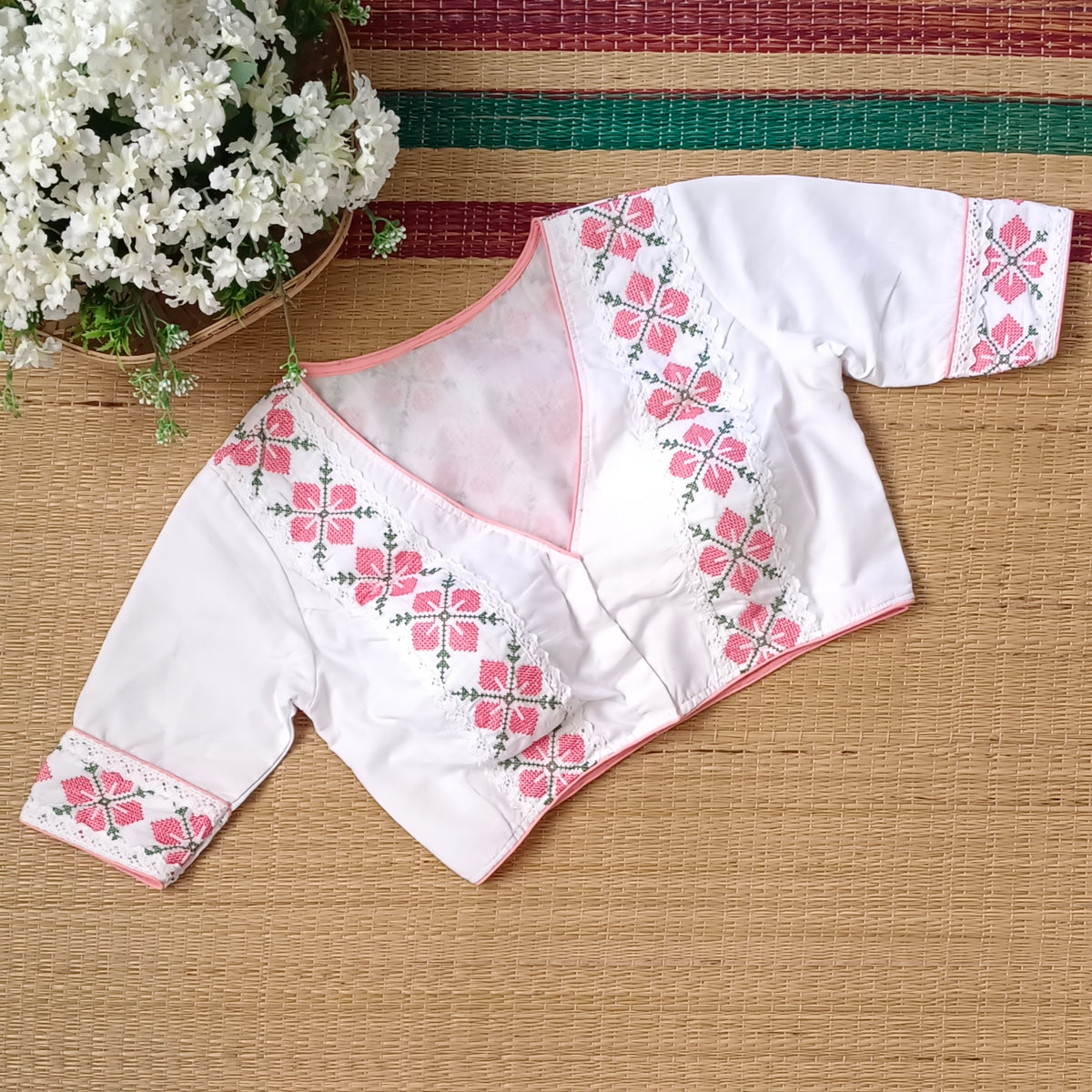 White Cross stitch Cotton Blouse