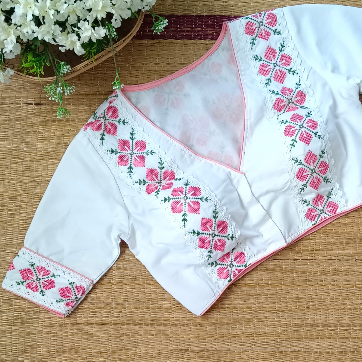 White Cross stitch Cotton Blouse