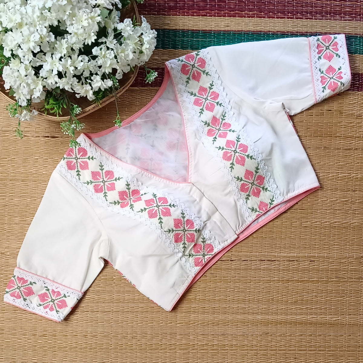 Off White Cross stitch Cotton Blouse