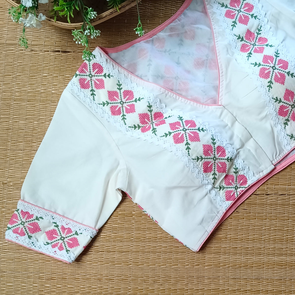 Off White Cross stitch Cotton Blouse