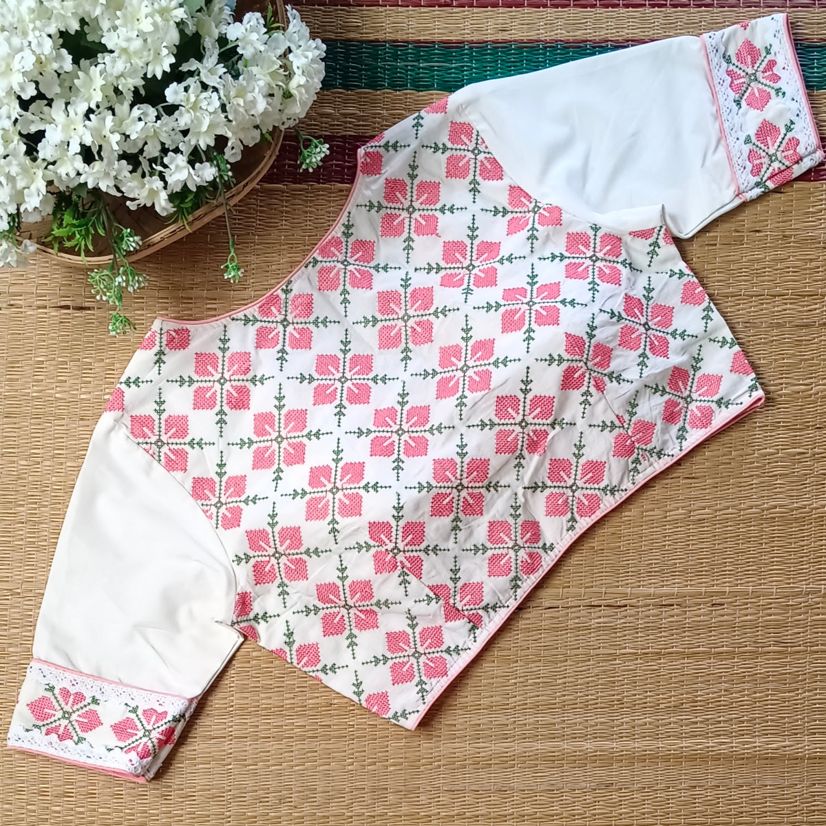 Off White Cross stitch Cotton Blouse