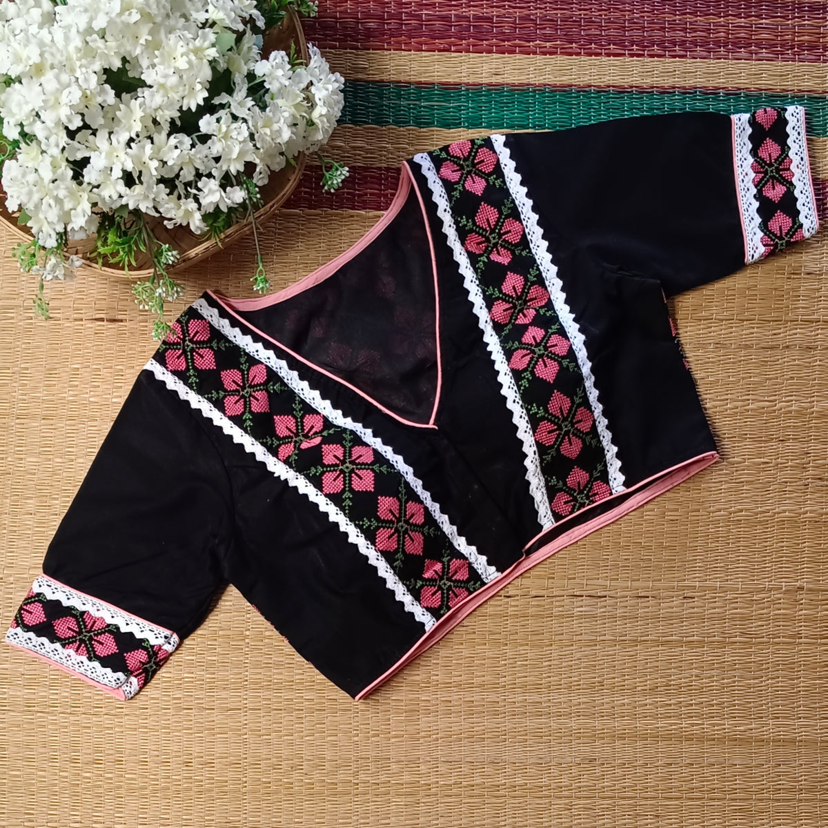 Black Cross stitch Cotton Blouse