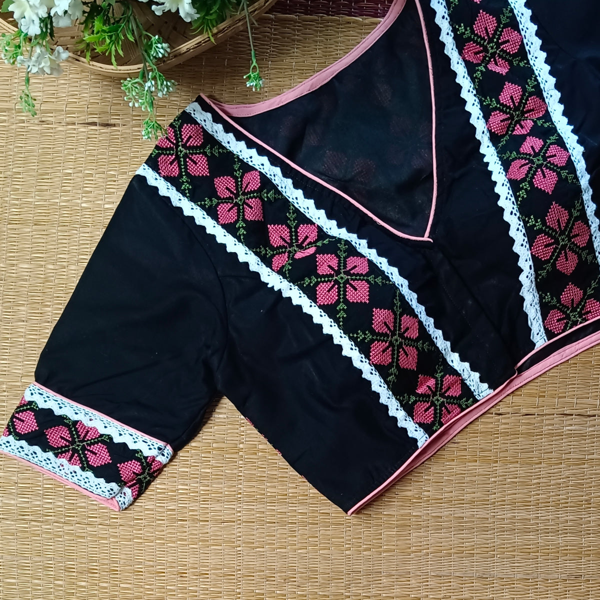 Black Cross stitch Cotton Blouse
