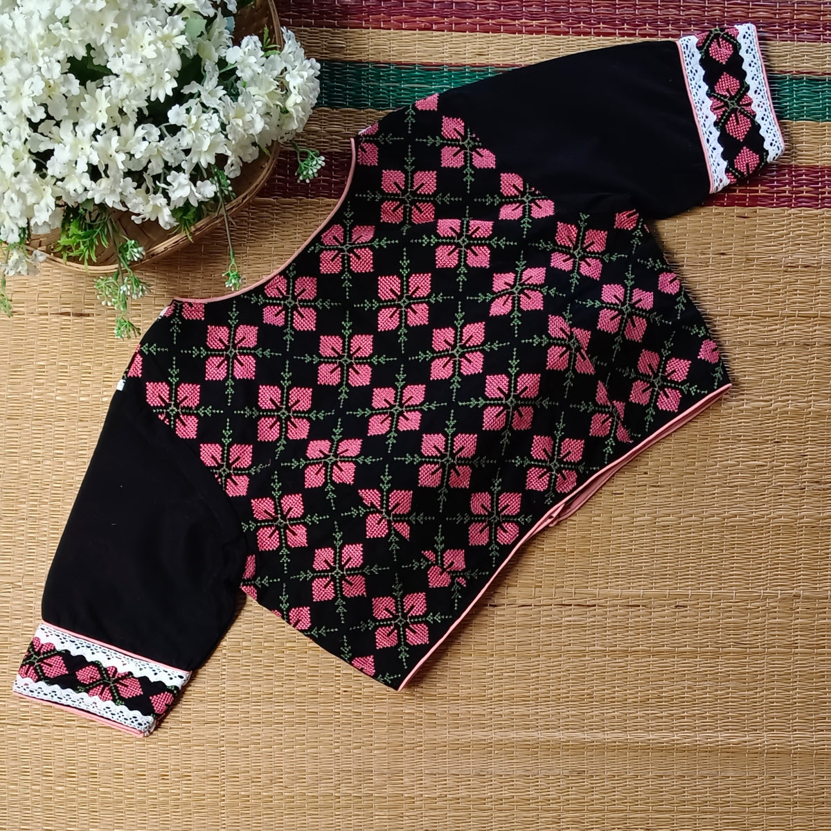 Black Cross stitch Cotton Blouse