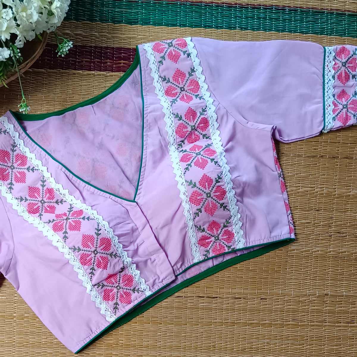 Lavender Cross Stitch Cotton Blouse
