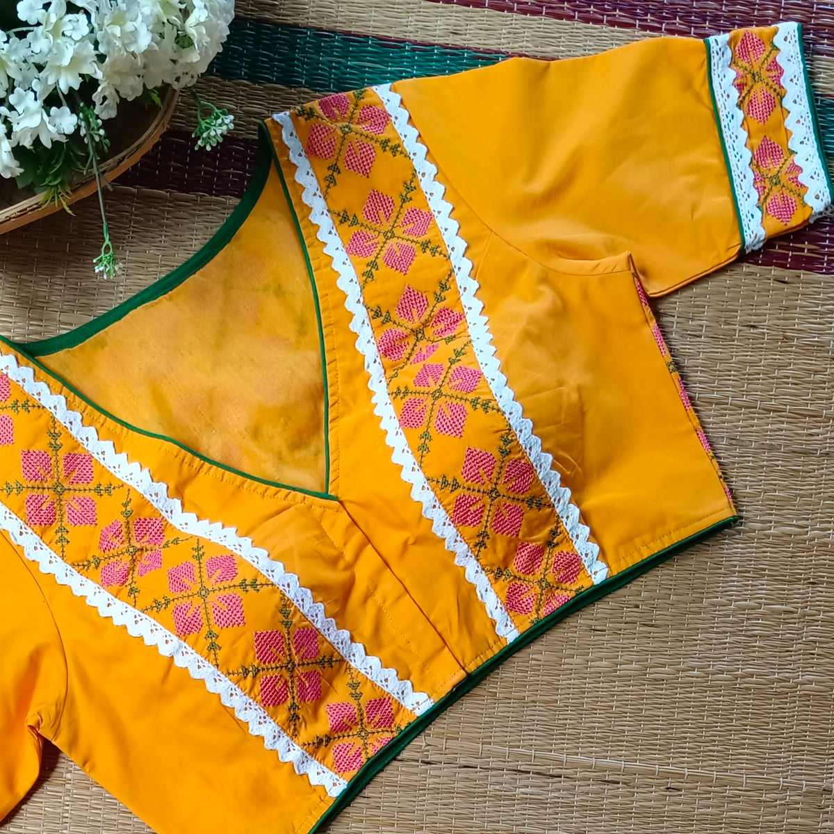 Yellow Cross stitch Cotton Blouse