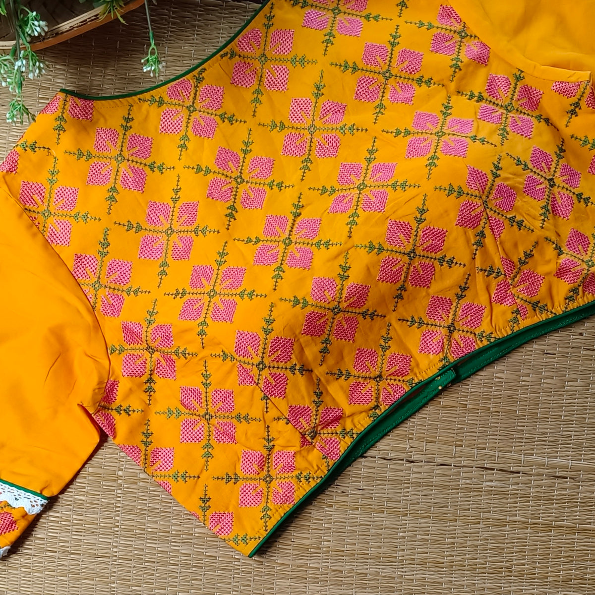 Yellow Cross stitch Cotton Blouse