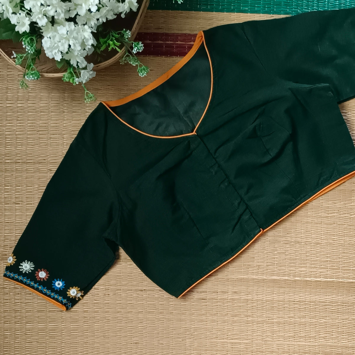 Bottle Green Gujrati Hand Embroidery Blouse