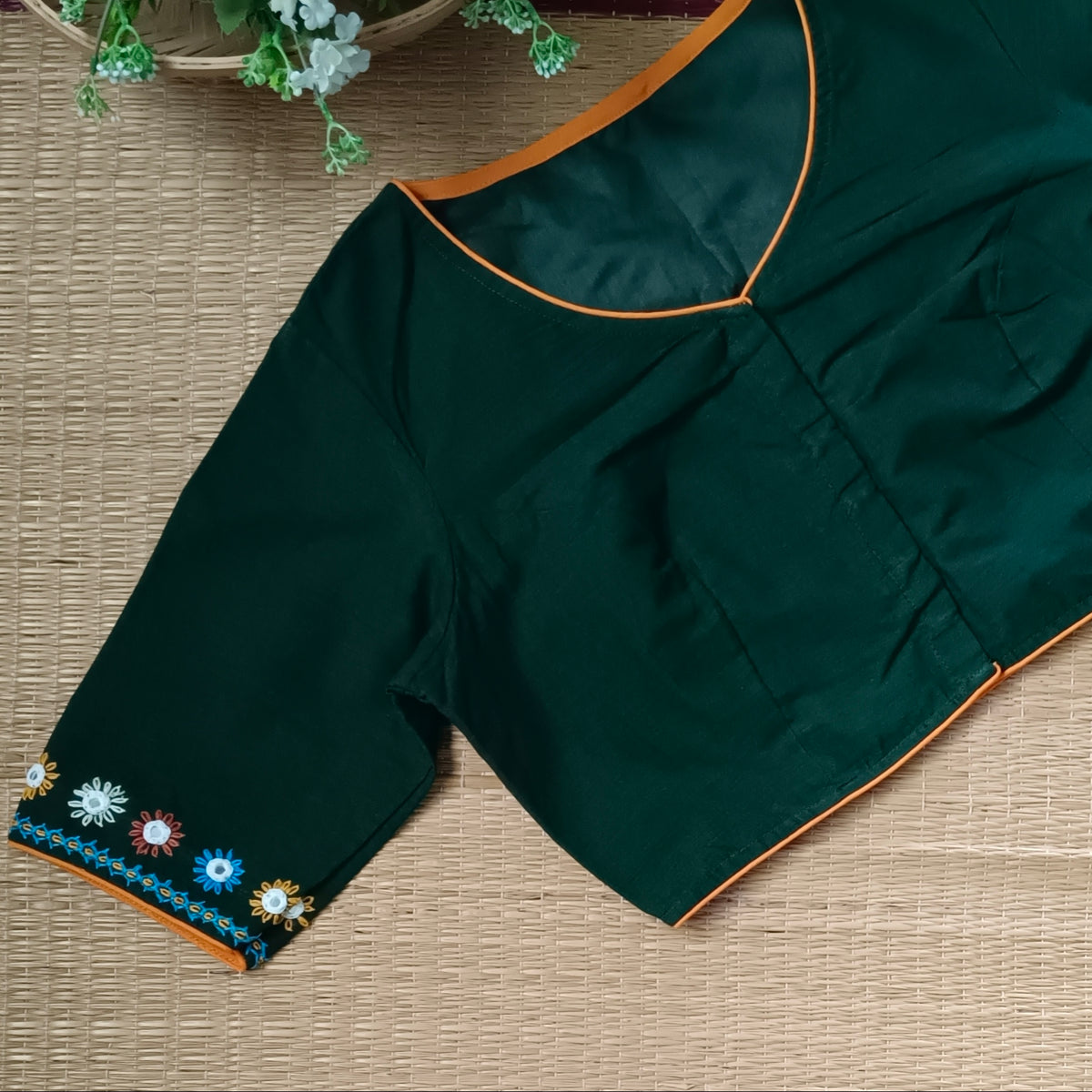 Bottle Green Gujrati Hand Embroidery Blouse
