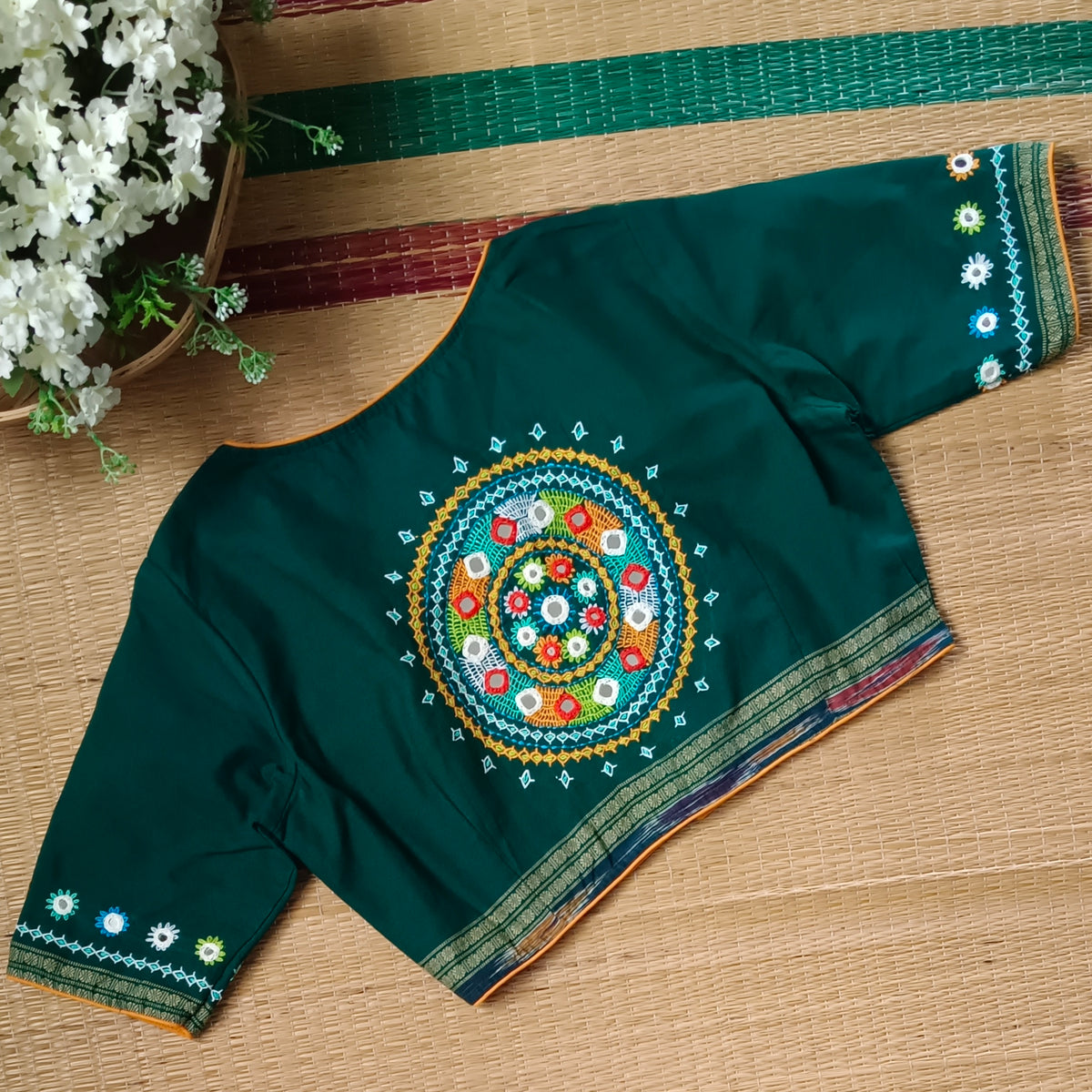 Rama Green Gujrati Hand Embroidery Blouse