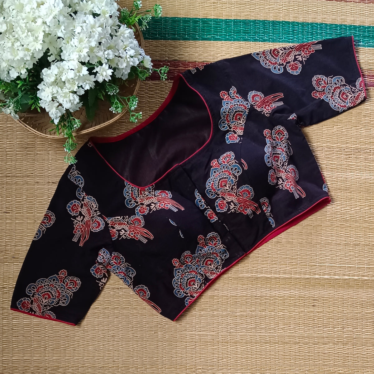 Black Ajrak square neck cotton blouse