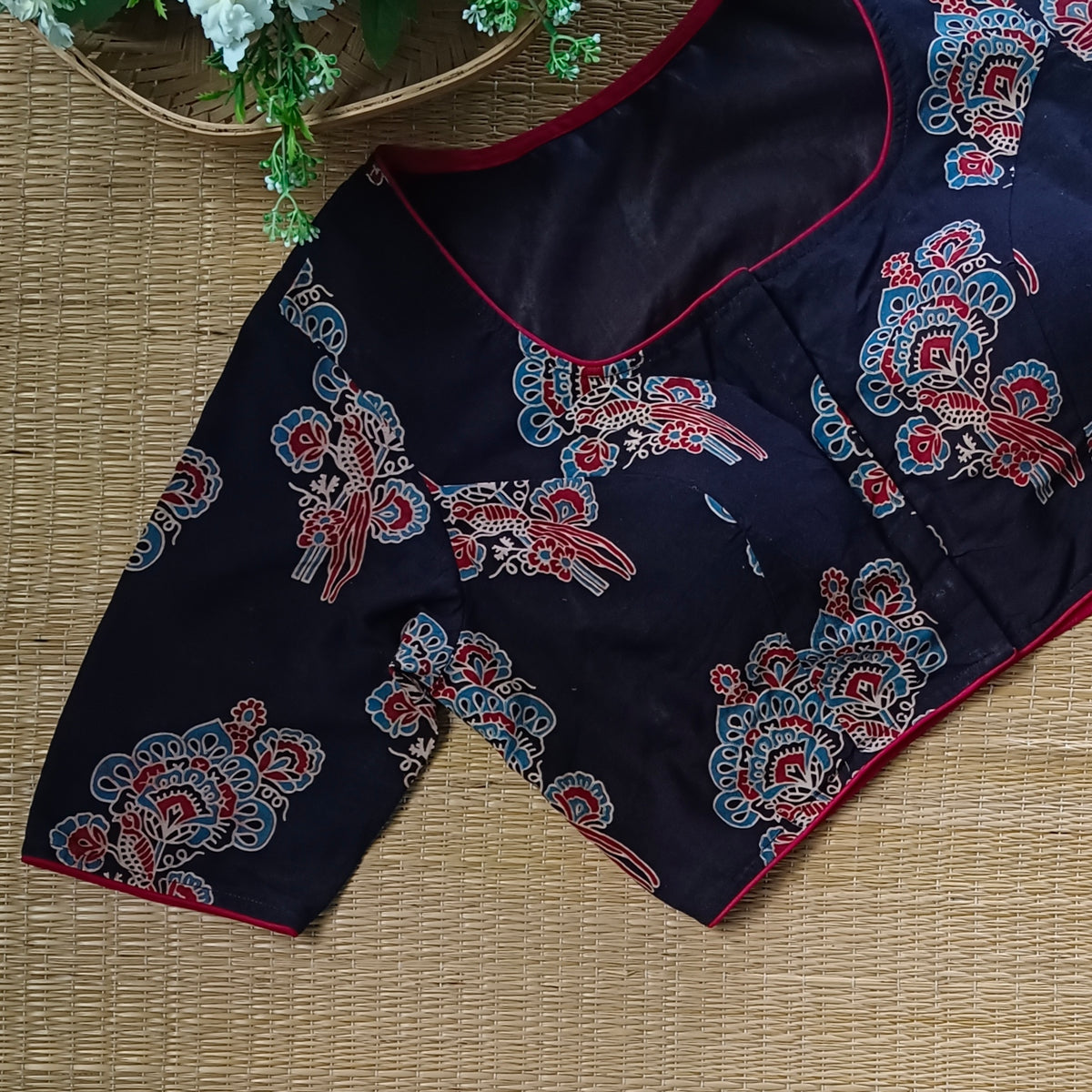Black Ajrak square neck cotton blouse