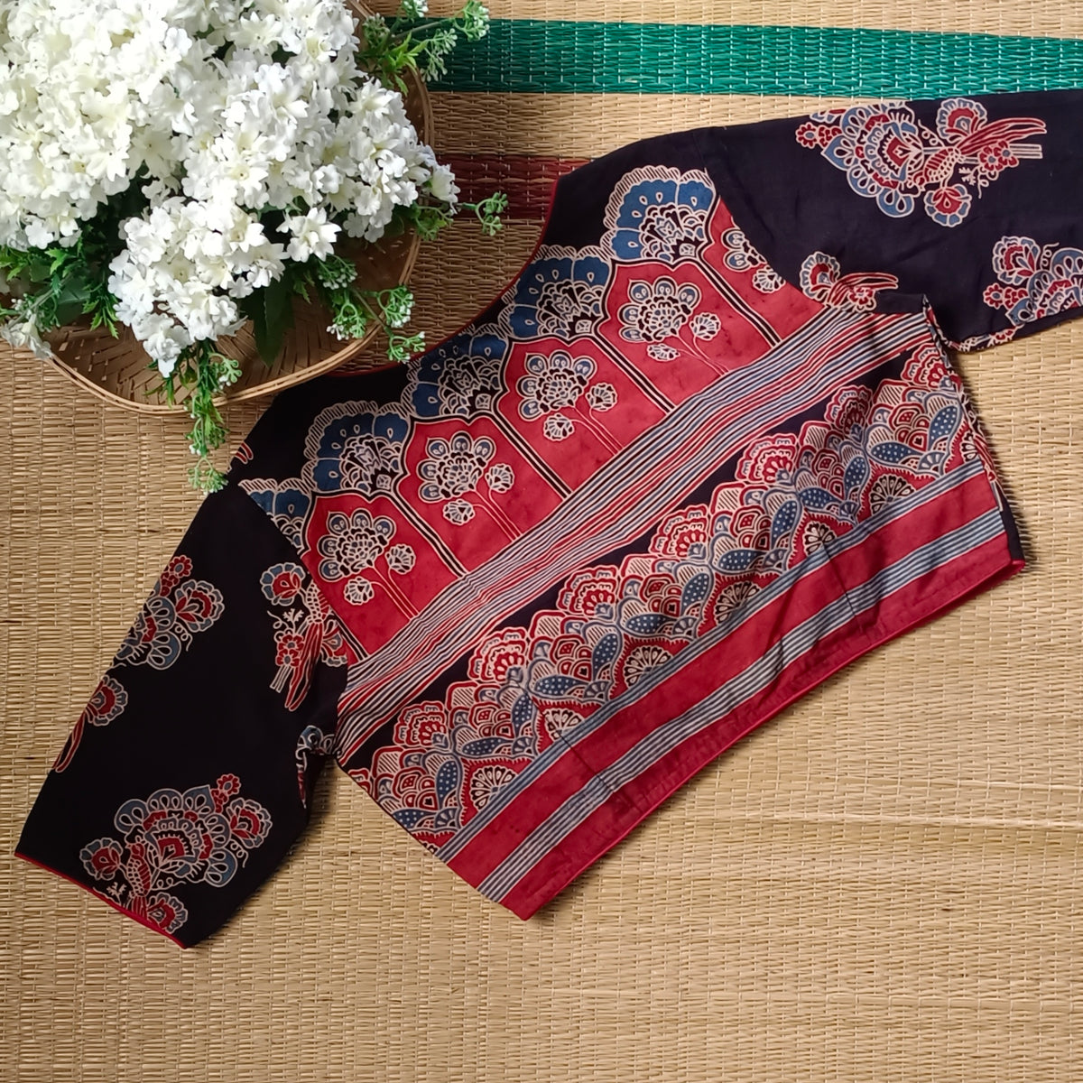 Black Ajrak V neck cotton blouse