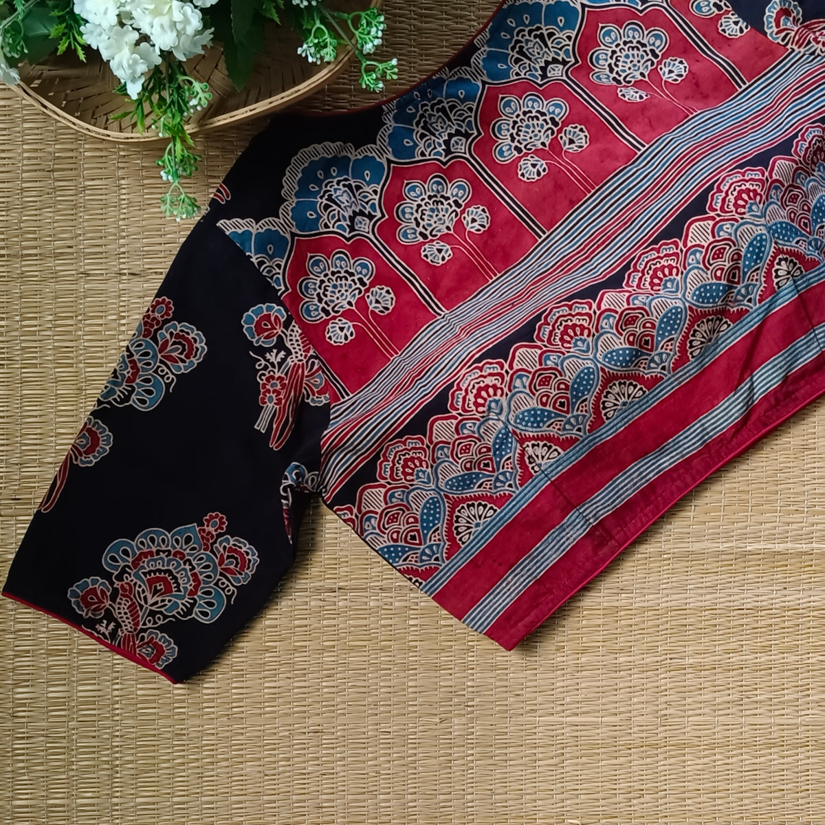Black Ajrak V neck cotton blouse