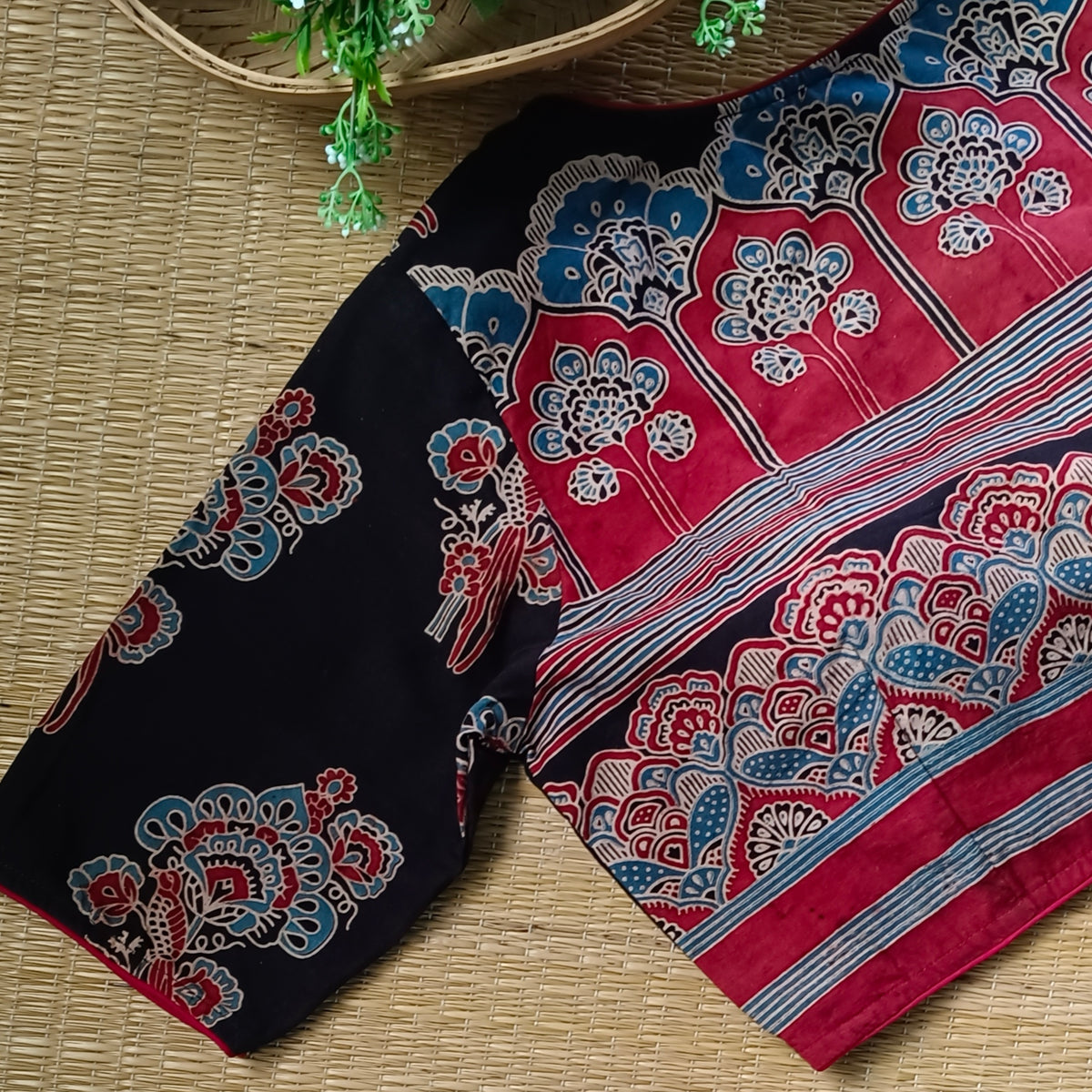 Black Ajrak square neck cotton blouse