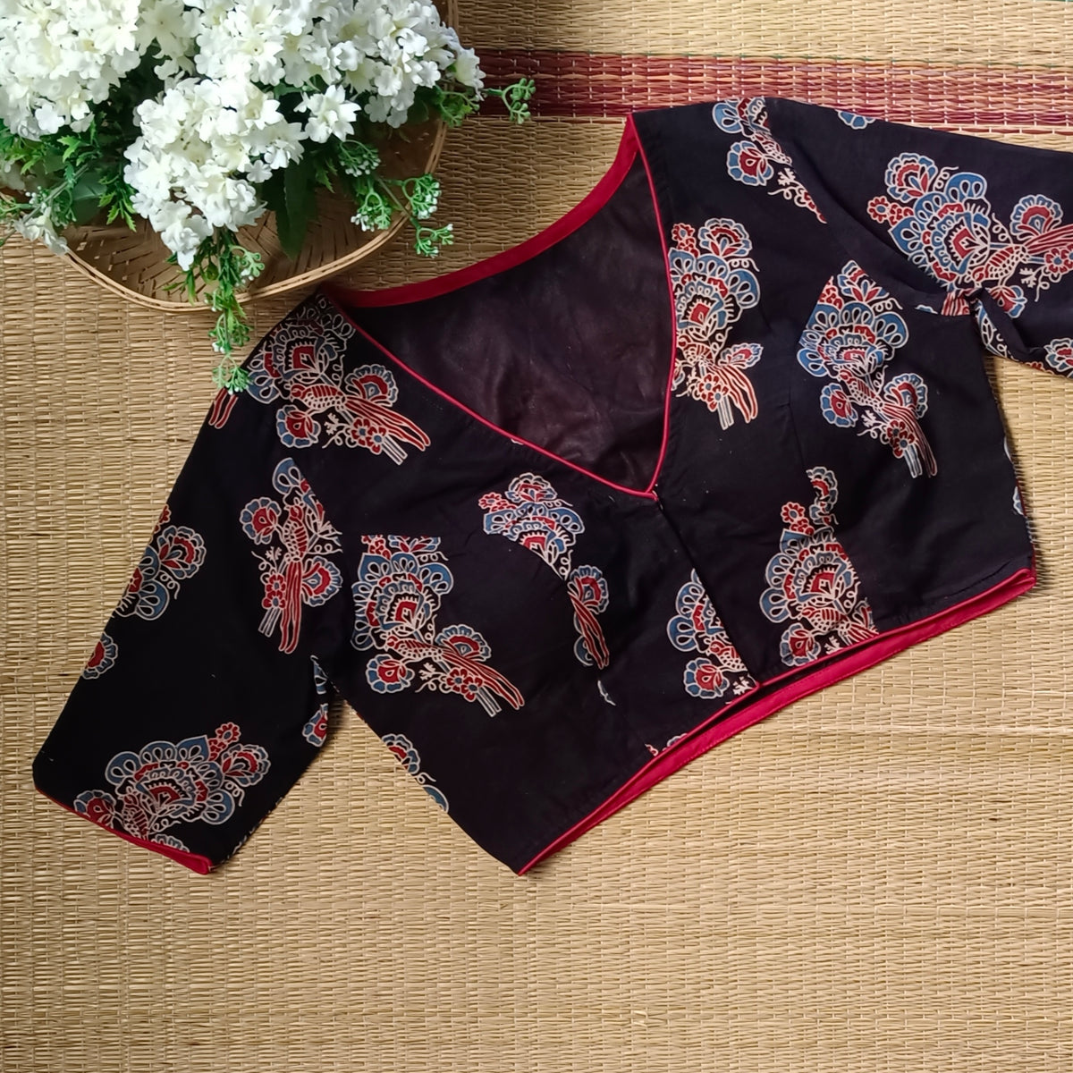 Black Ajrak V neck cotton blouse