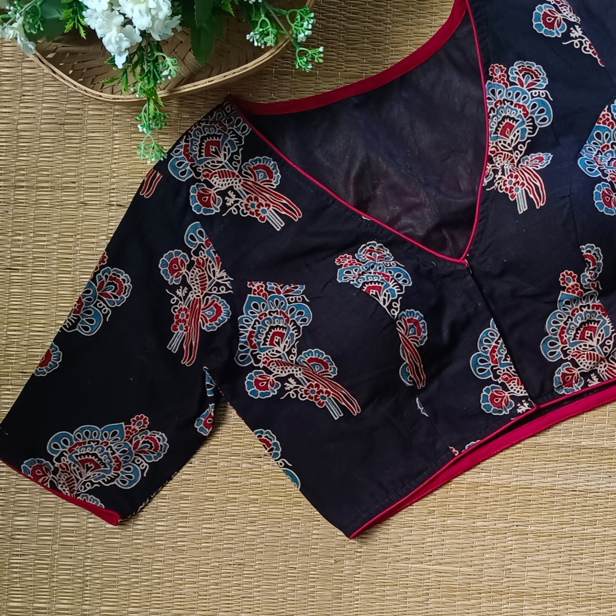 Black Ajrak V neck cotton blouse