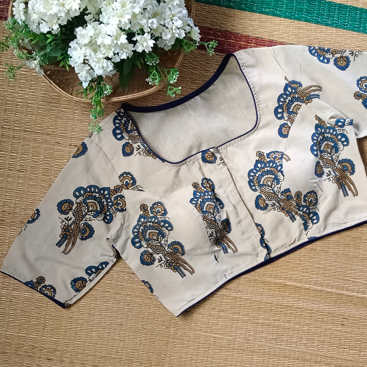 Cream Ajrak square neck cotton blouse