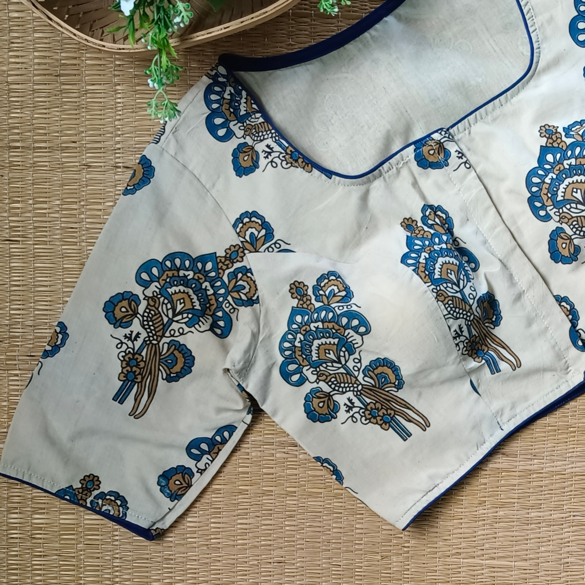 Cream Ajrak square neck cotton blouse