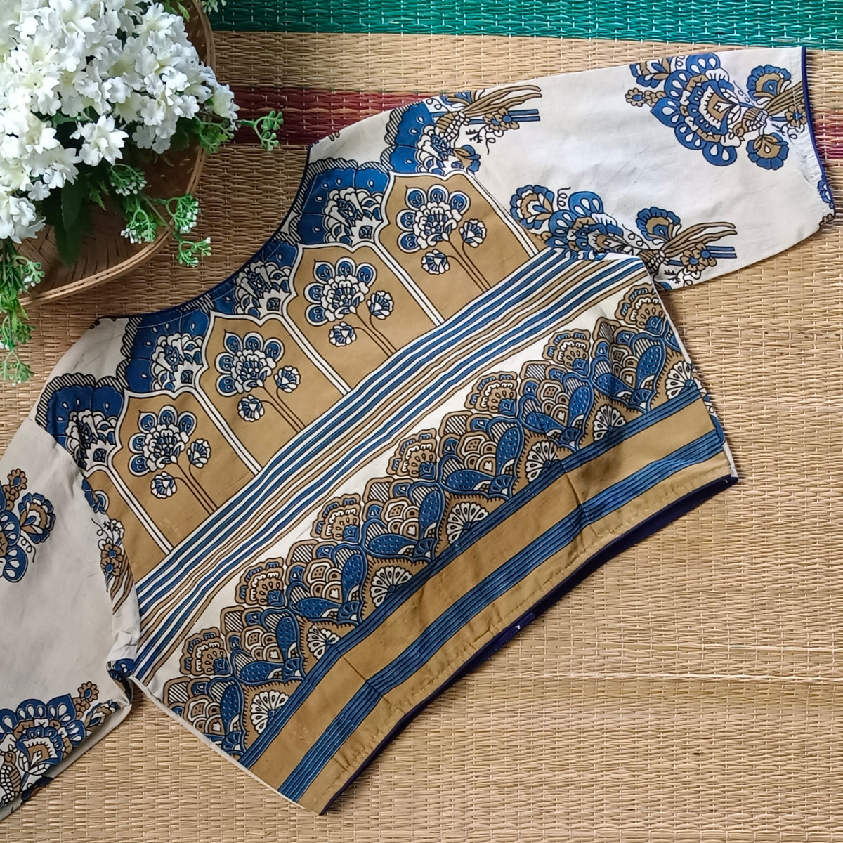 Cream Ajrak V neck cotton blouse