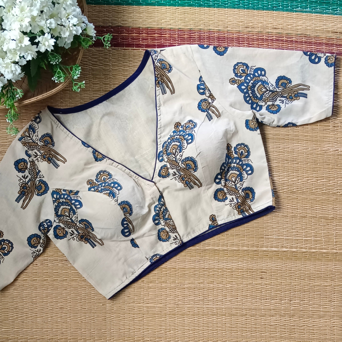 Cream Ajrak V neck cotton blouse