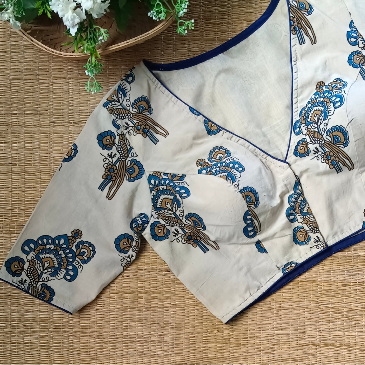 Cream Ajrak V neck cotton blouse